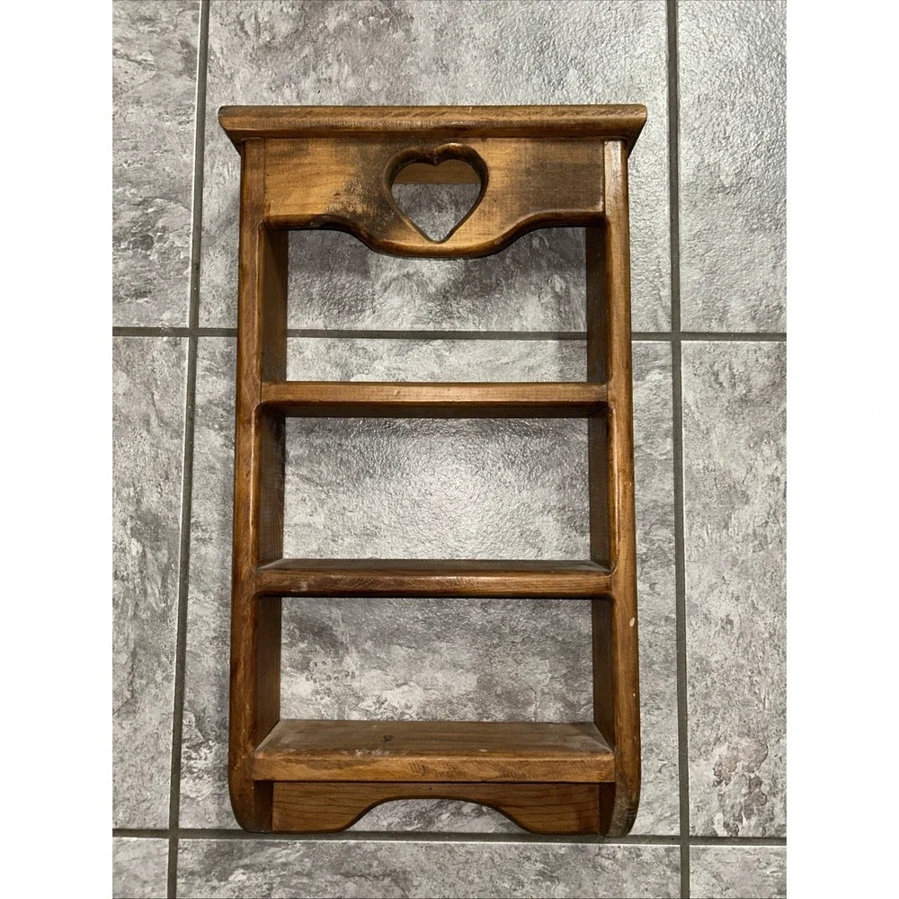 Vintage Wooden Three Tiered Wall Shelf‎ Heart Cutout Handmade Country Decor